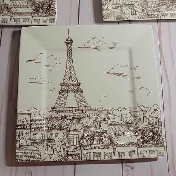 222 Fifth CITY SCENES Sepia Appetizer/dessert PARIS Eiffel Tower Plates Lot 4 - Picture 5 of 7